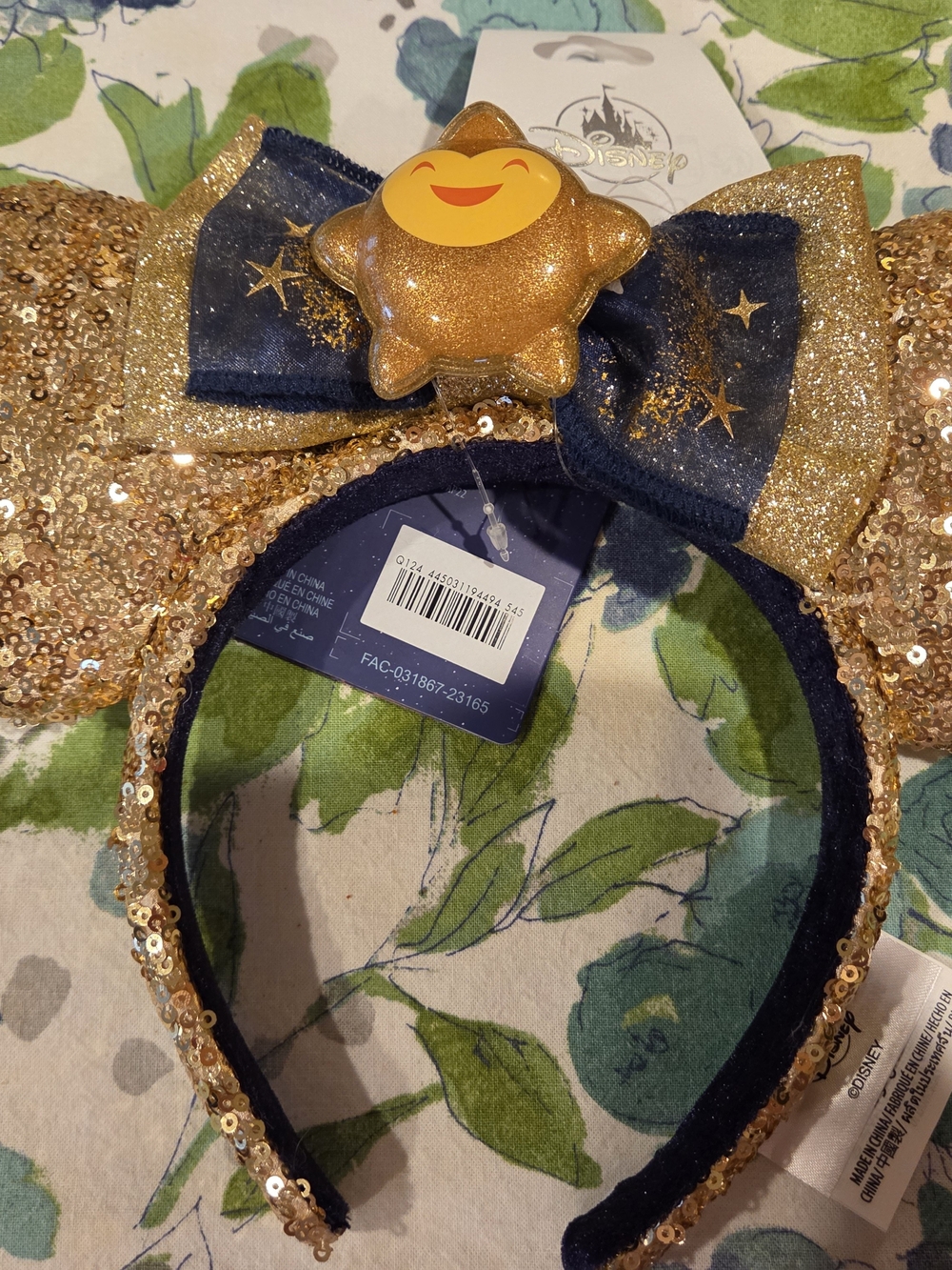 Disney Gold Sequin Star Bow Headband with Navy Accents